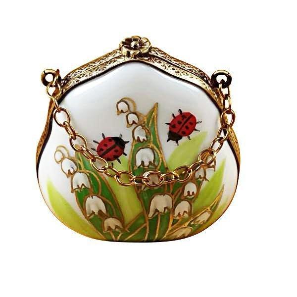 Genuine Rochard Lily of the Valley Purse with Ladybugs Limoges box painted by hand in France, from Limoges Boutique