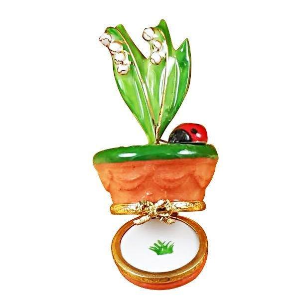 The painter's artistry shows on this Lily of the Valley with Ladybug in Pot Limoges box