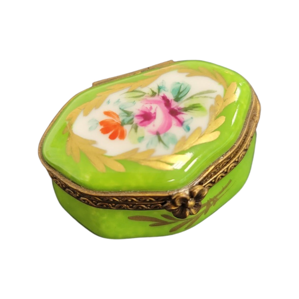 Lime Semi Oval Limoges Porcelain Box Keepsake, a hand-painted Limoges porcelain gift