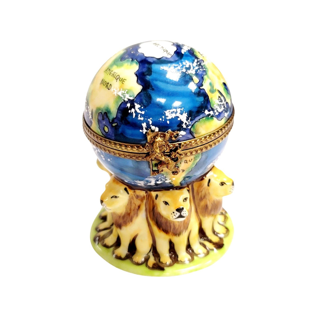 Lions Under World Globe Limoges Box Figurine Limoges, a hand-painted Limoges porcelain gift