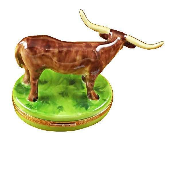Painted details on the Longhorn Bull with Removable Insert Limoges box, French art in miniature