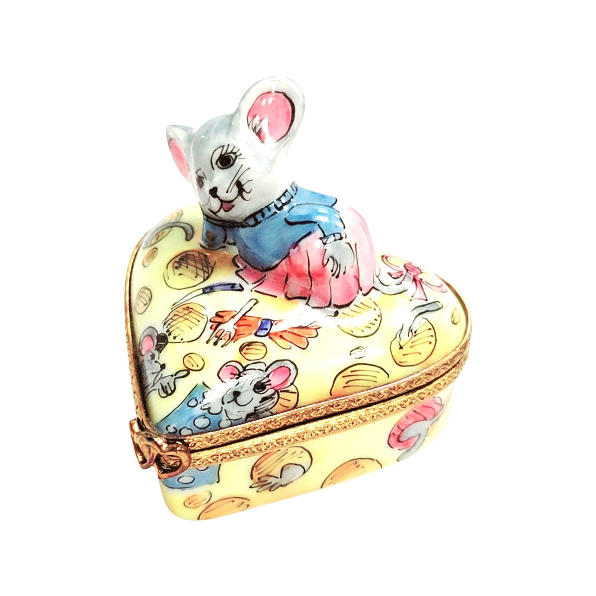 Love Mouse on Heart Cheese Limoges Porcelain Art Object Gift, a hand-painted Limoges porcelain gift