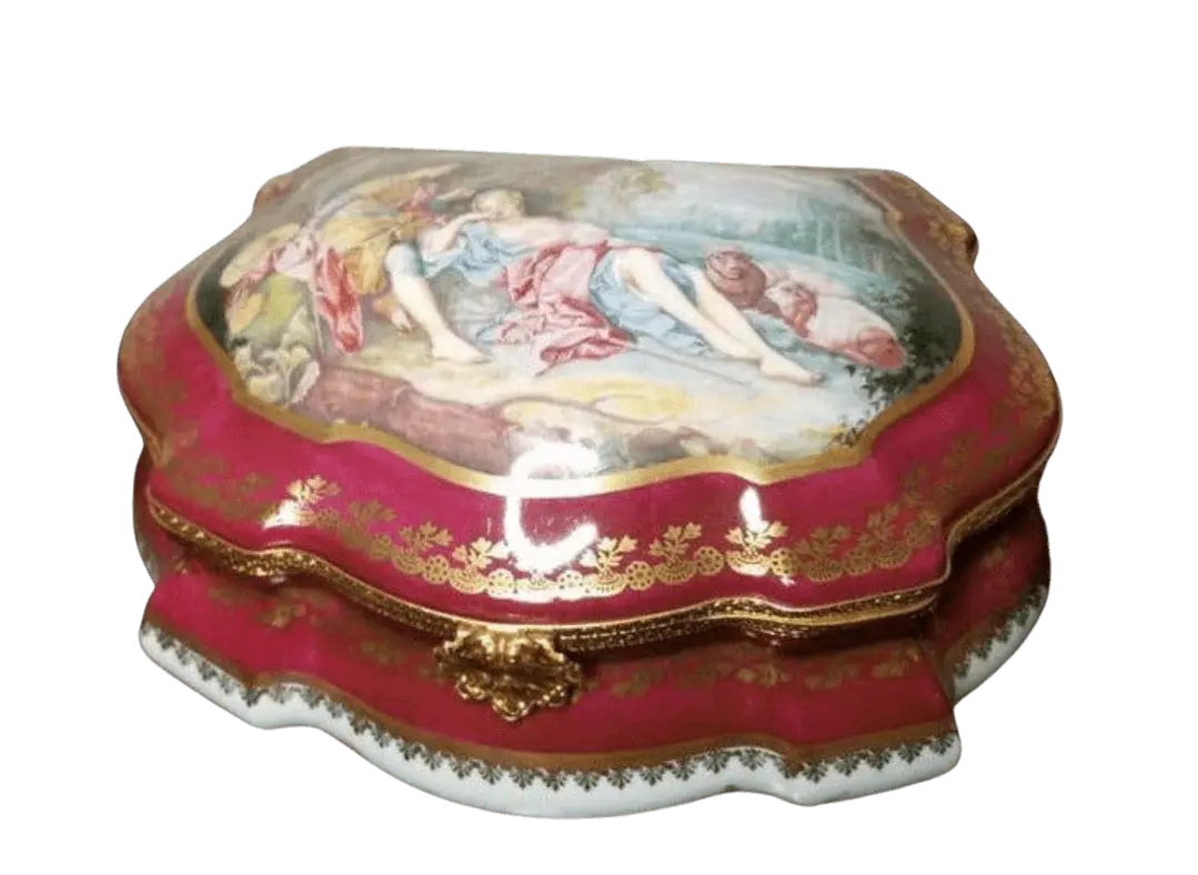 Scalloped crimson Lovers Limoges box with a romantic courting scene on the lid, gilded in fine French style