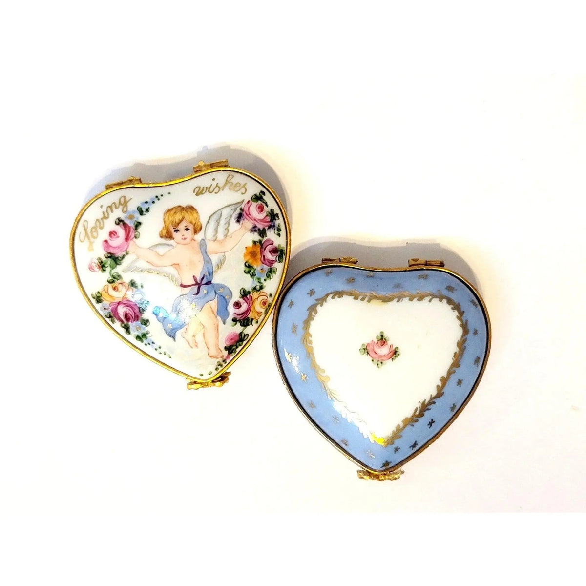 Artisan-painted Loving Wishes Cherub Heart Limoges box from France, a cherished collectible