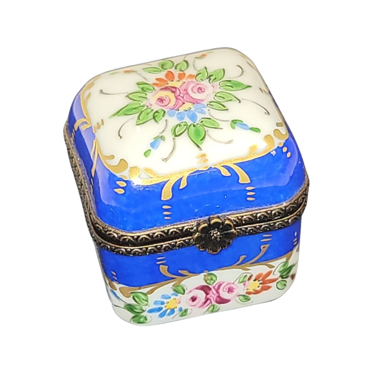 Painted details on the 4 Perfume Blue in Square Limoges box, French art in miniature