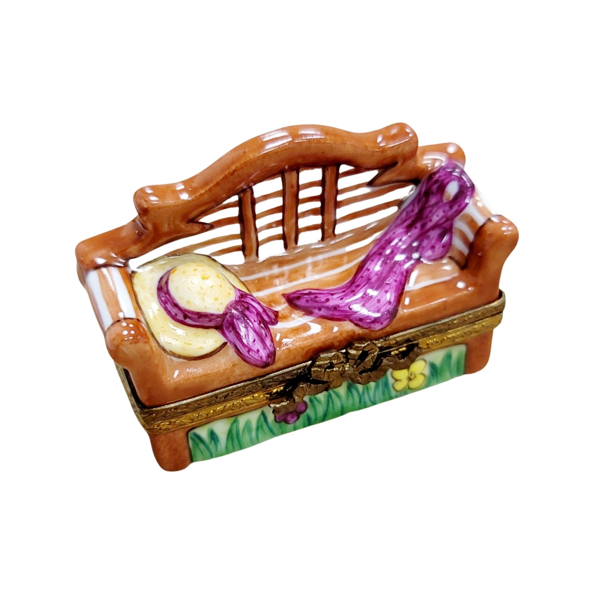 Lutyens Park Garden Bench w Hat Figurine Limoges Box, a hand-painted Limoges porcelain gift