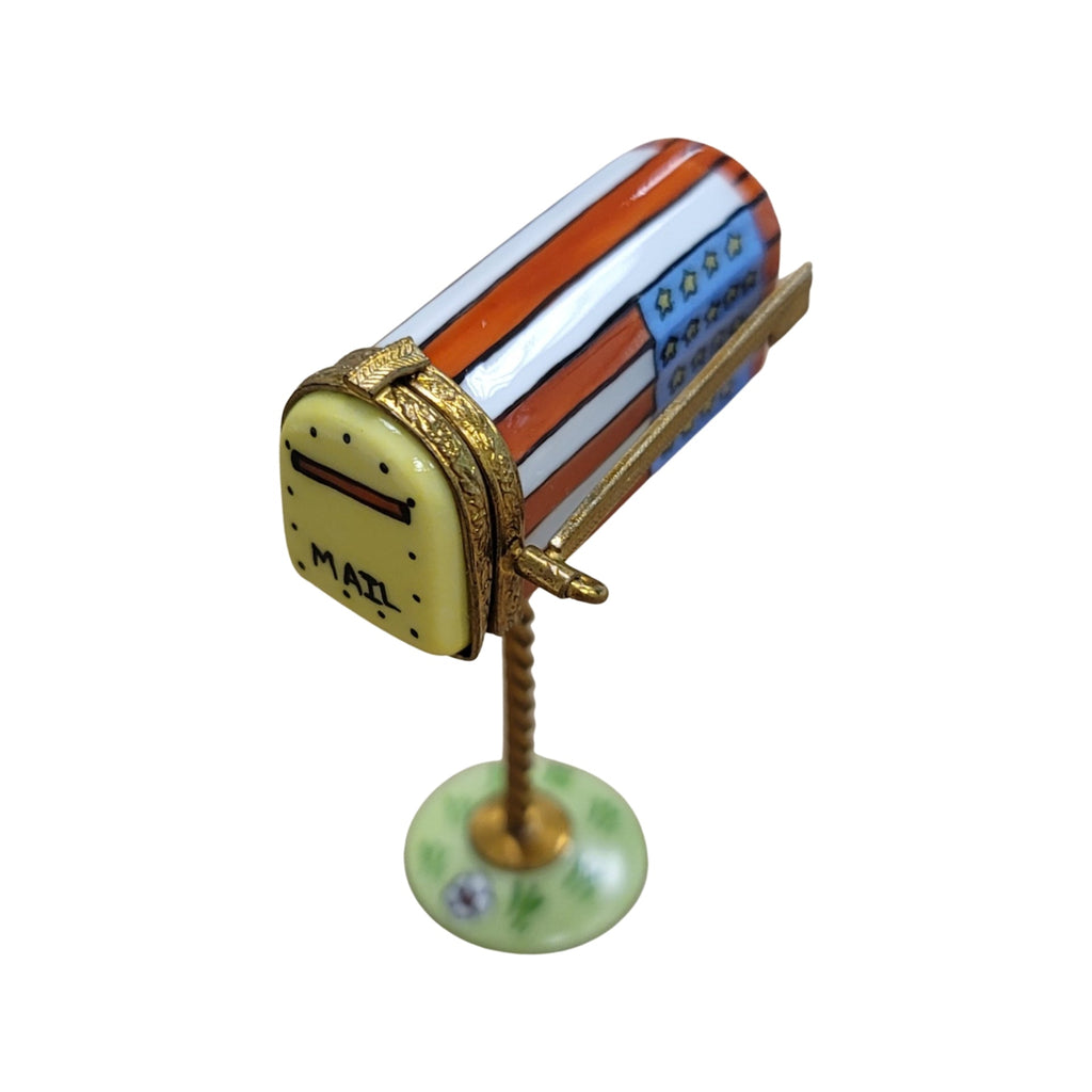 American Flag Mailbox Figurine for Patriotic Collectors, a hand-painted Limoges porcelain gift