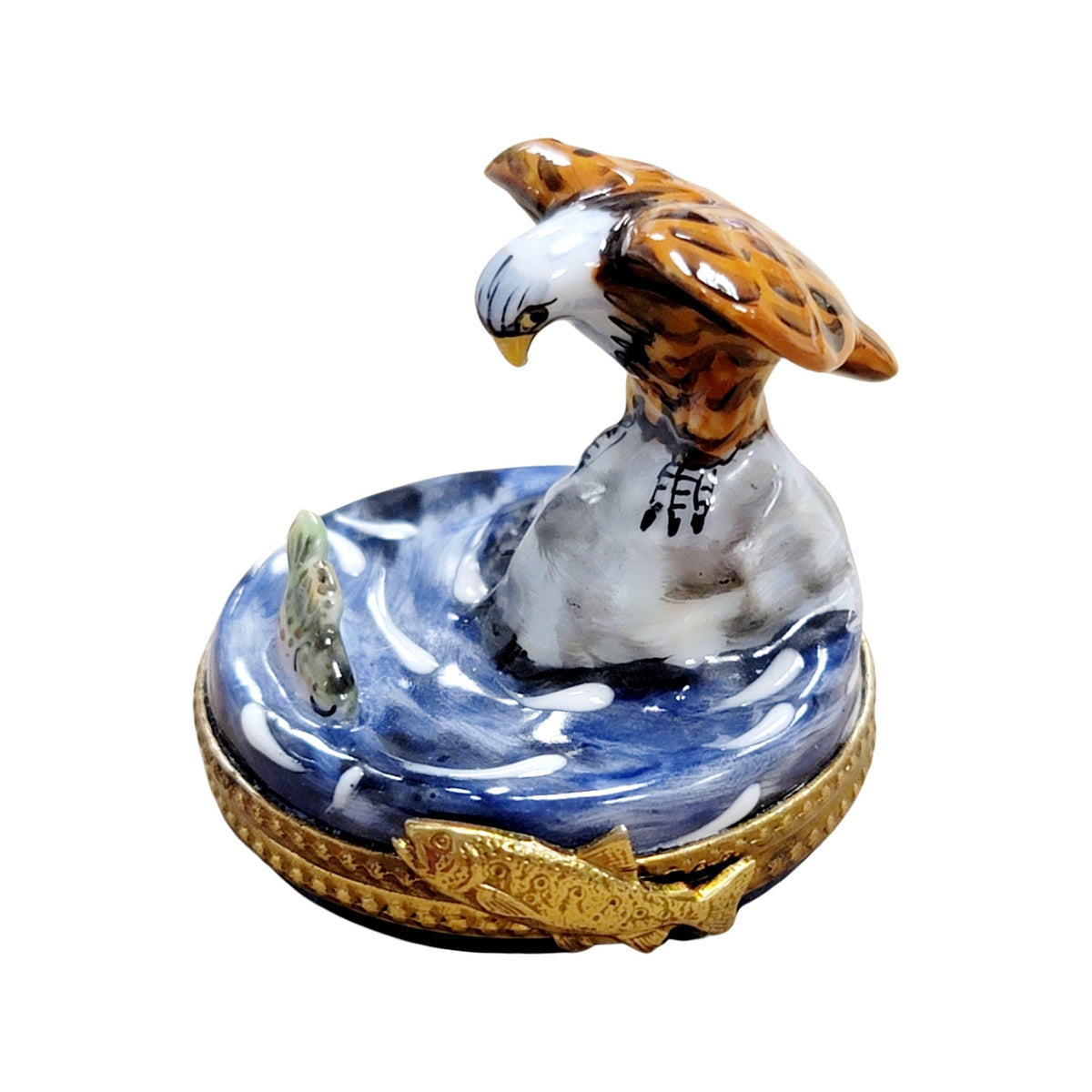 Bald Eagle Catching Prey Porcelain Limoges Porcelain Art Object, a hand-painted Limoges porcelain gift