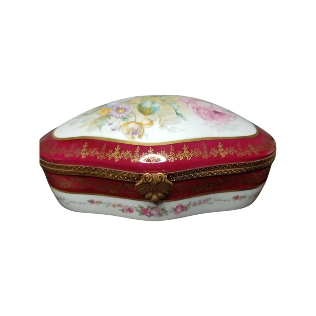 Authentic Maroon Chest Jewelry Floral Design Limoges box, hand-painted in France, from Limoges Boutique
