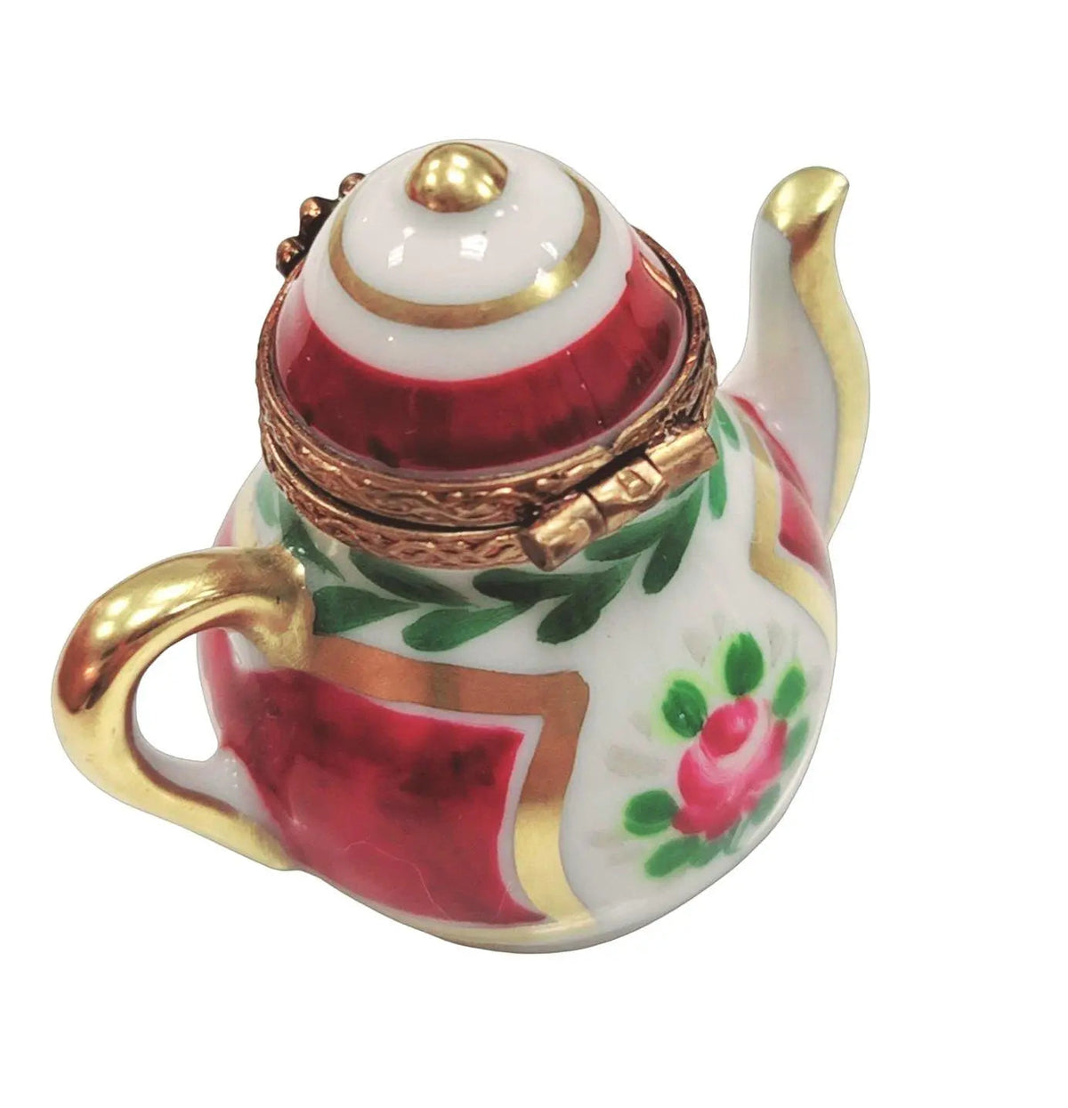 Painted details on the Maroon Teapot with Flowers Limoges box, French art in miniature