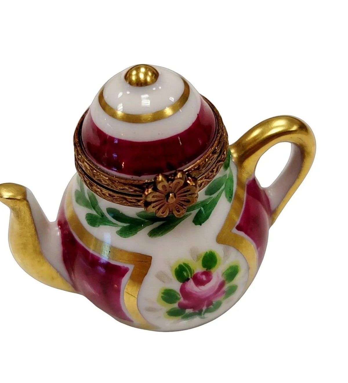 Artisan-painted Maroon Teapot with Flowers Limoges box from France, a cherished collectible