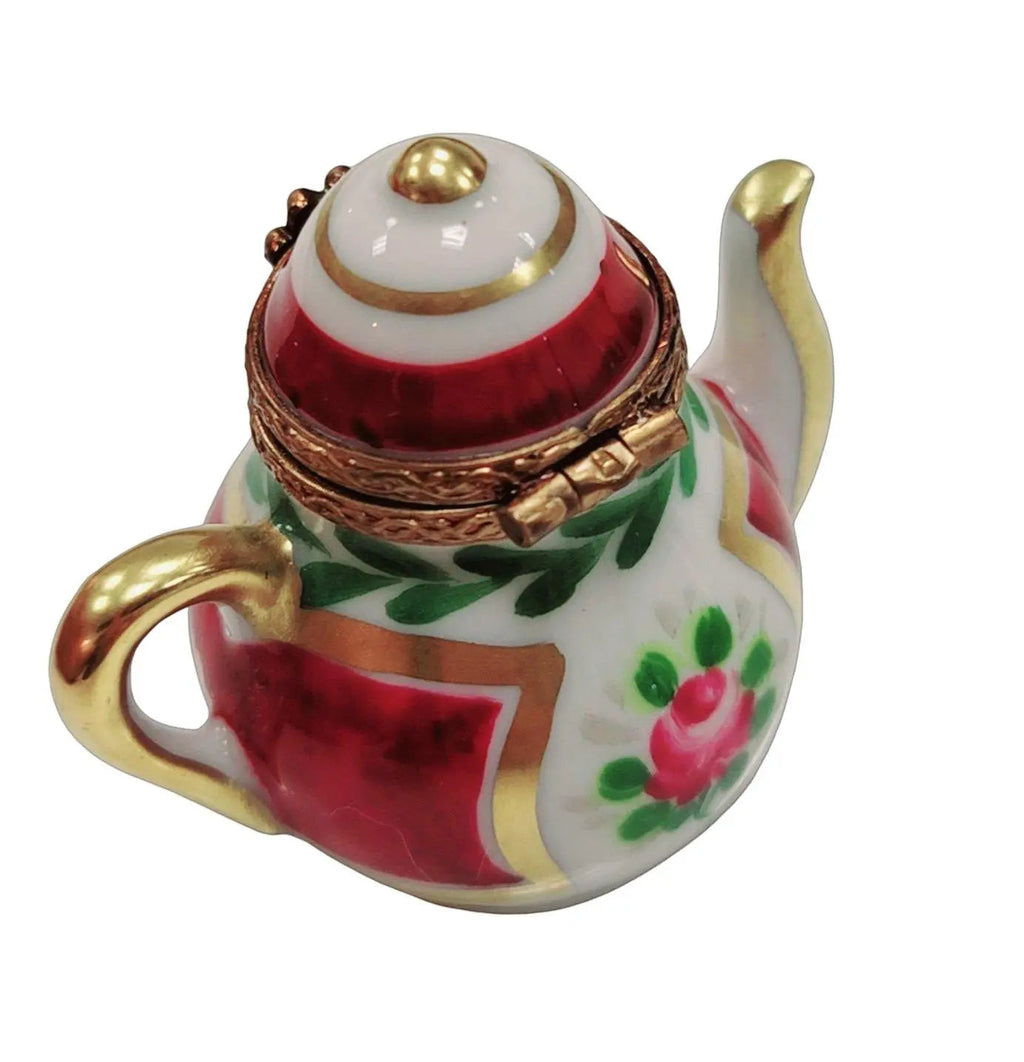 Maroon Teapot w Flowers Limoges Box Figurine Gift, view 5