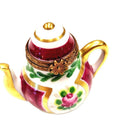 Maroon Teapot w Flowers Limoges Box Figurine Gift, a hand-painted Limoges porcelain gift
