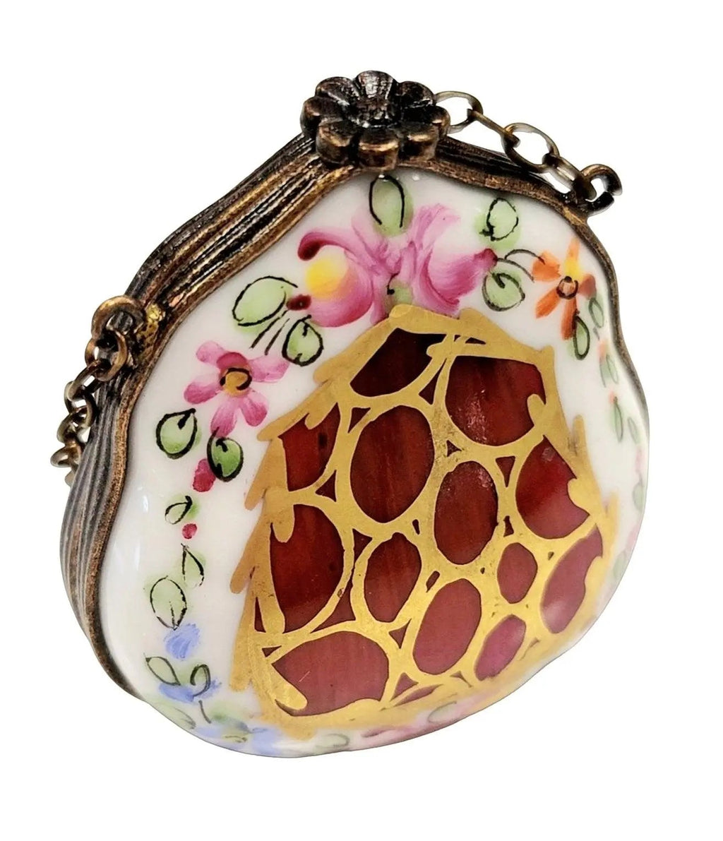 Purse Maroon Gold Flowers Limoges Box, view 4