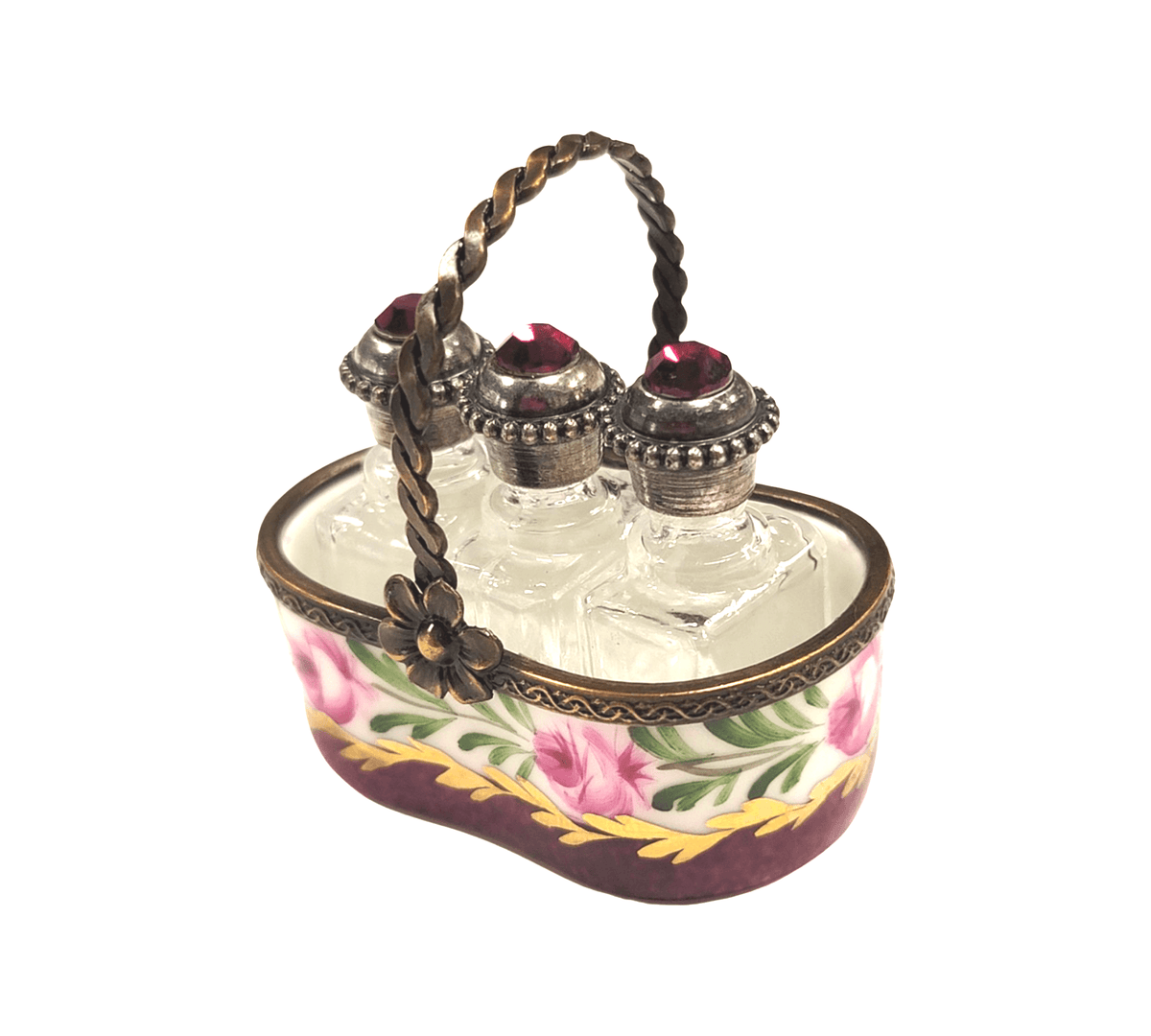 Artisan-painted 3 Perfumes in Maroon Basket Limoges box from France, a cherished collectible