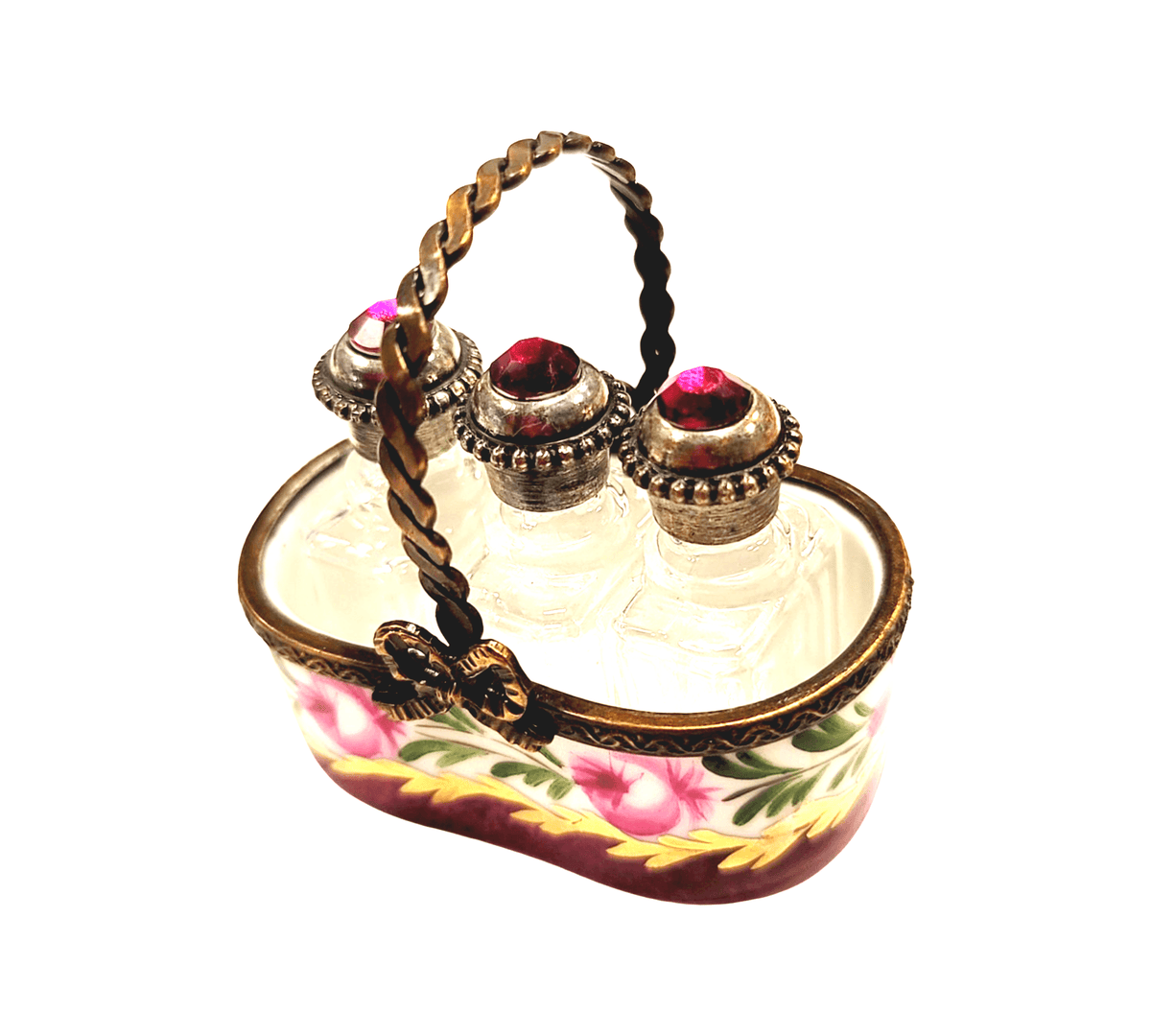 The painter's artistry shows on this 3 Perfumes in Maroon Basket Limoges box