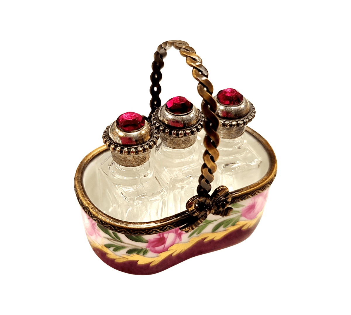 Treasured French collectible: 3 Perfumes in Maroon Basket Limoges box, painted by hand