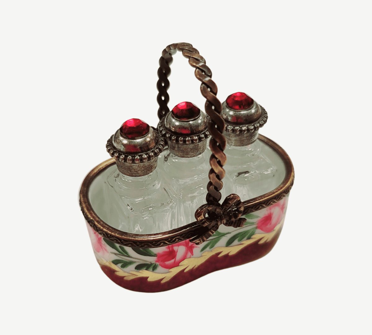 Every brushstroke by hand on the 3 Perfumes in Maroon Basket Limoges box from France