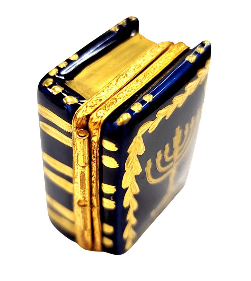 Painted details on the Menorah Book Judiasm Hannukah Limoges box, French art in miniature
