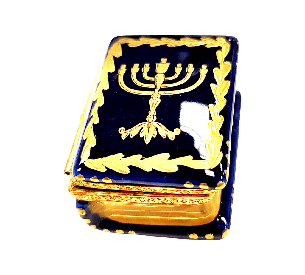 Menorah Book Judiasm Hannukah Limoges Box, a hand-painted Limoges porcelain gift