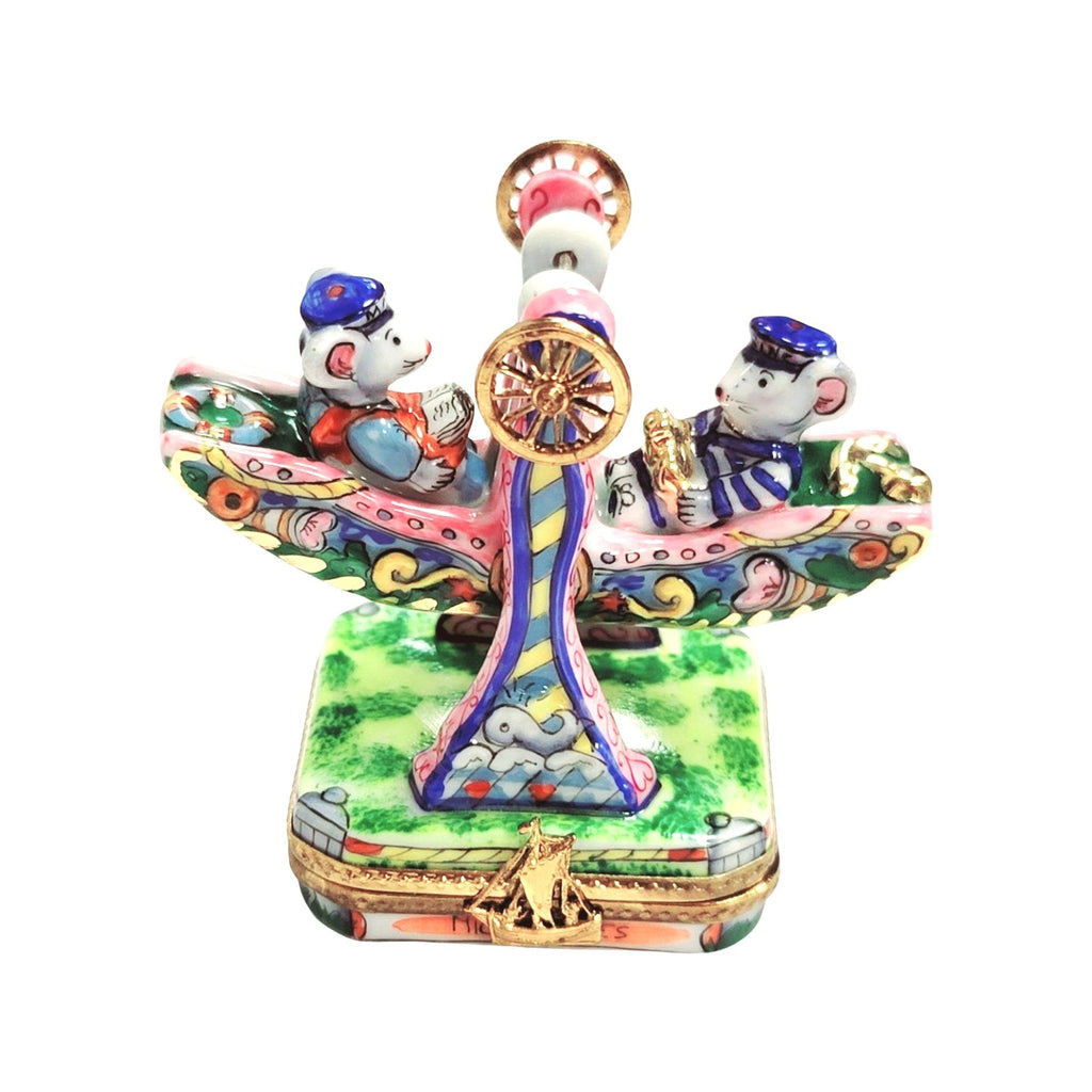 Mice Carnival Ride Swing Carousel Limoges Box Collectible, a hand-painted Limoges porcelain gift