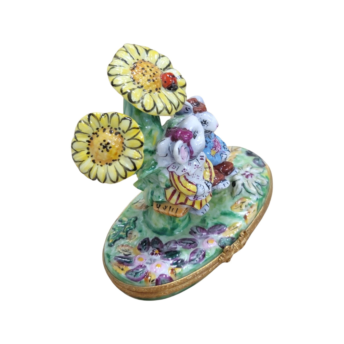 Mice Kissing Under Sunflowers for Romantic Collectors, a hand-painted Limoges porcelain gift