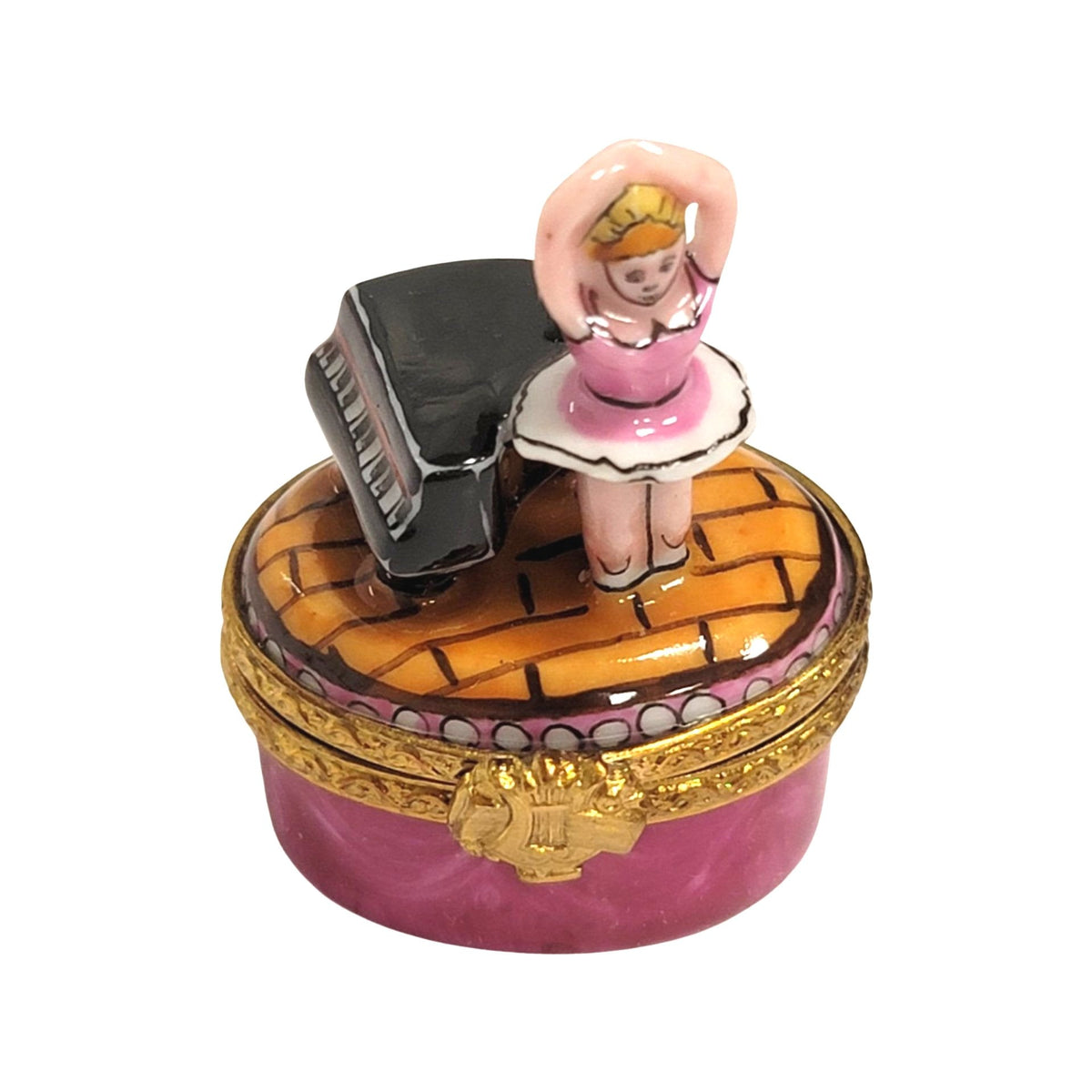Mini Ballerina w Piano Limoges Box Charm, a hand-painted Limoges porcelain gift