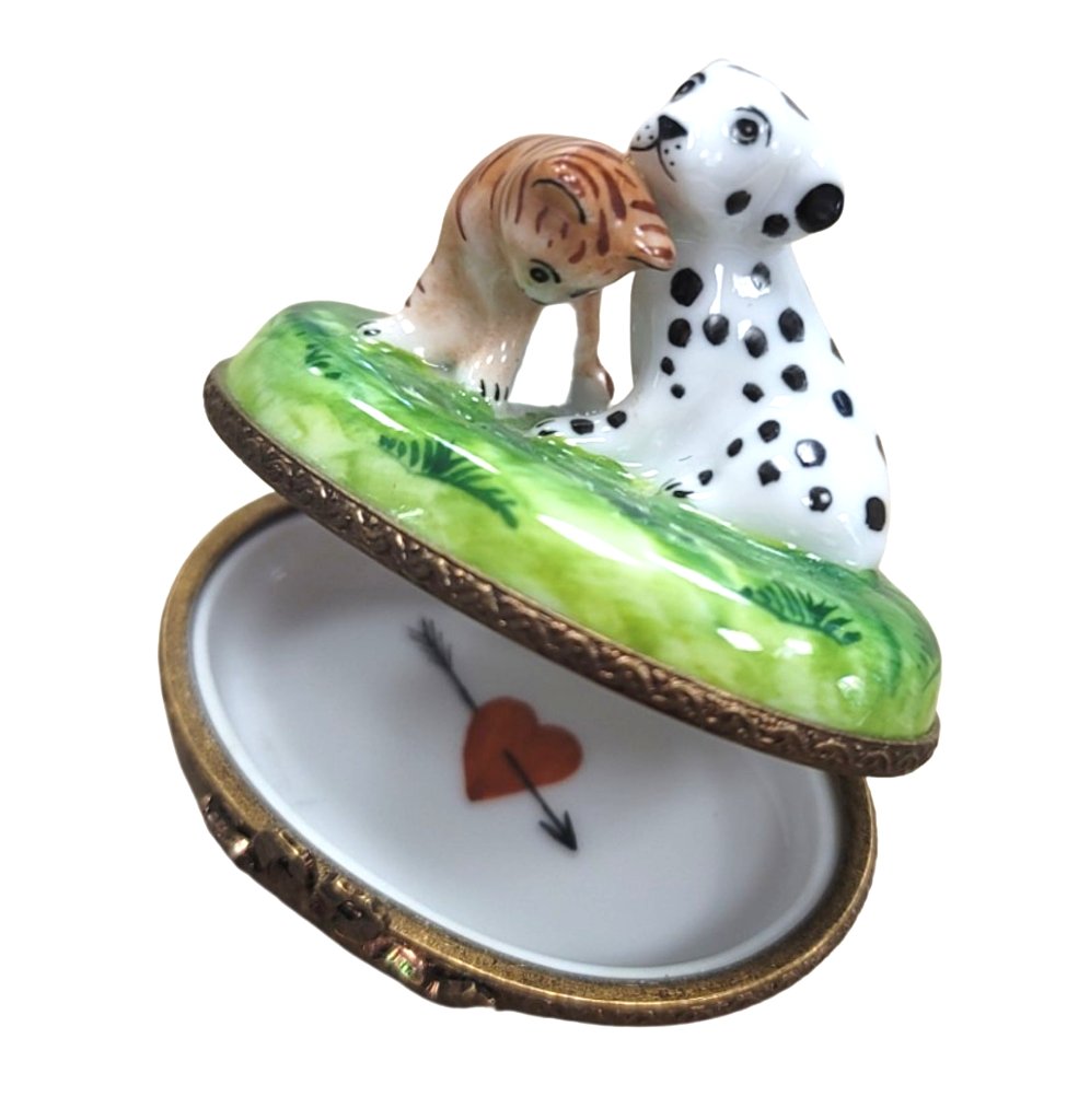 Hand-painted Mini Dalmation Dog with Cat Limoges box, French artistry for lovers of fine art