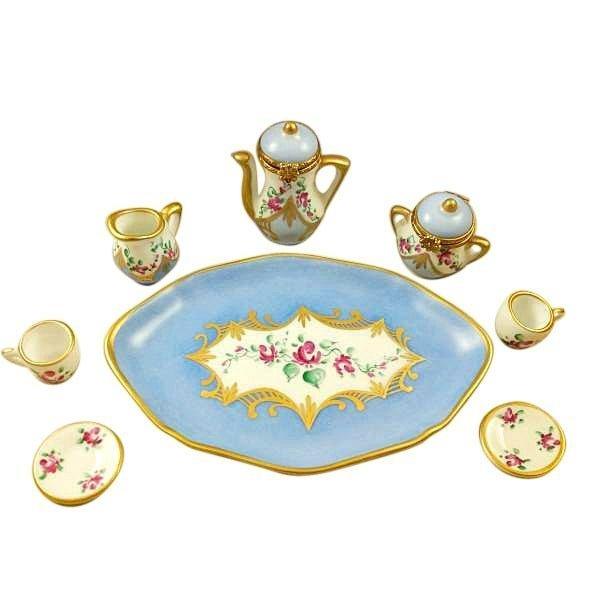 Treasured French collectible: Light Blue 8 Piece Tea Set Limoges box, painted by hand