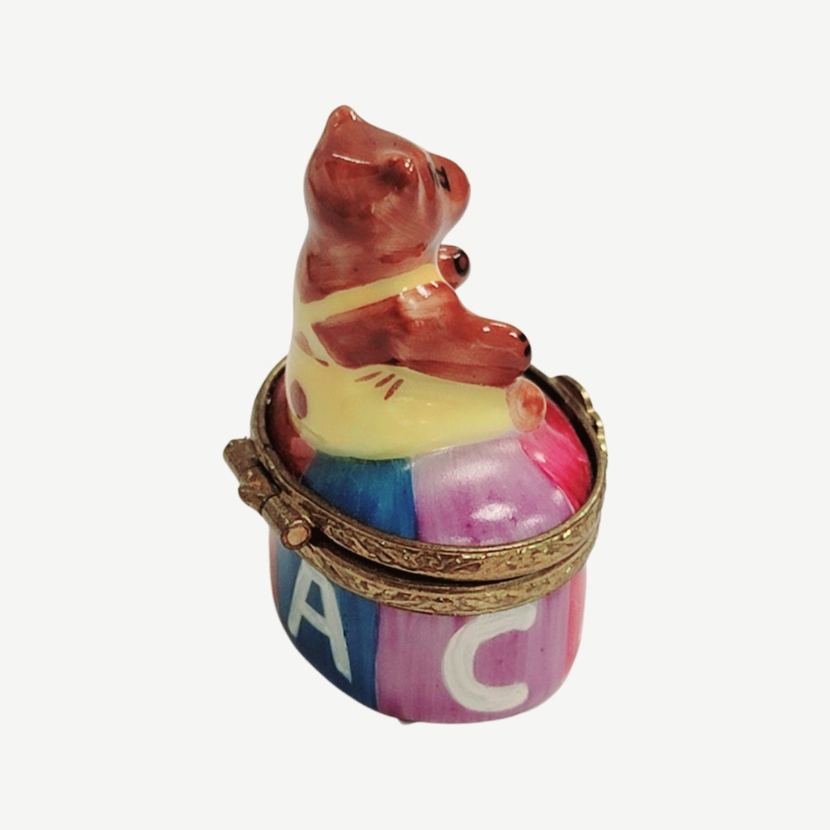 Treasured French collectible: Mini Teddy Bear on Oval Limoges box, painted by hand