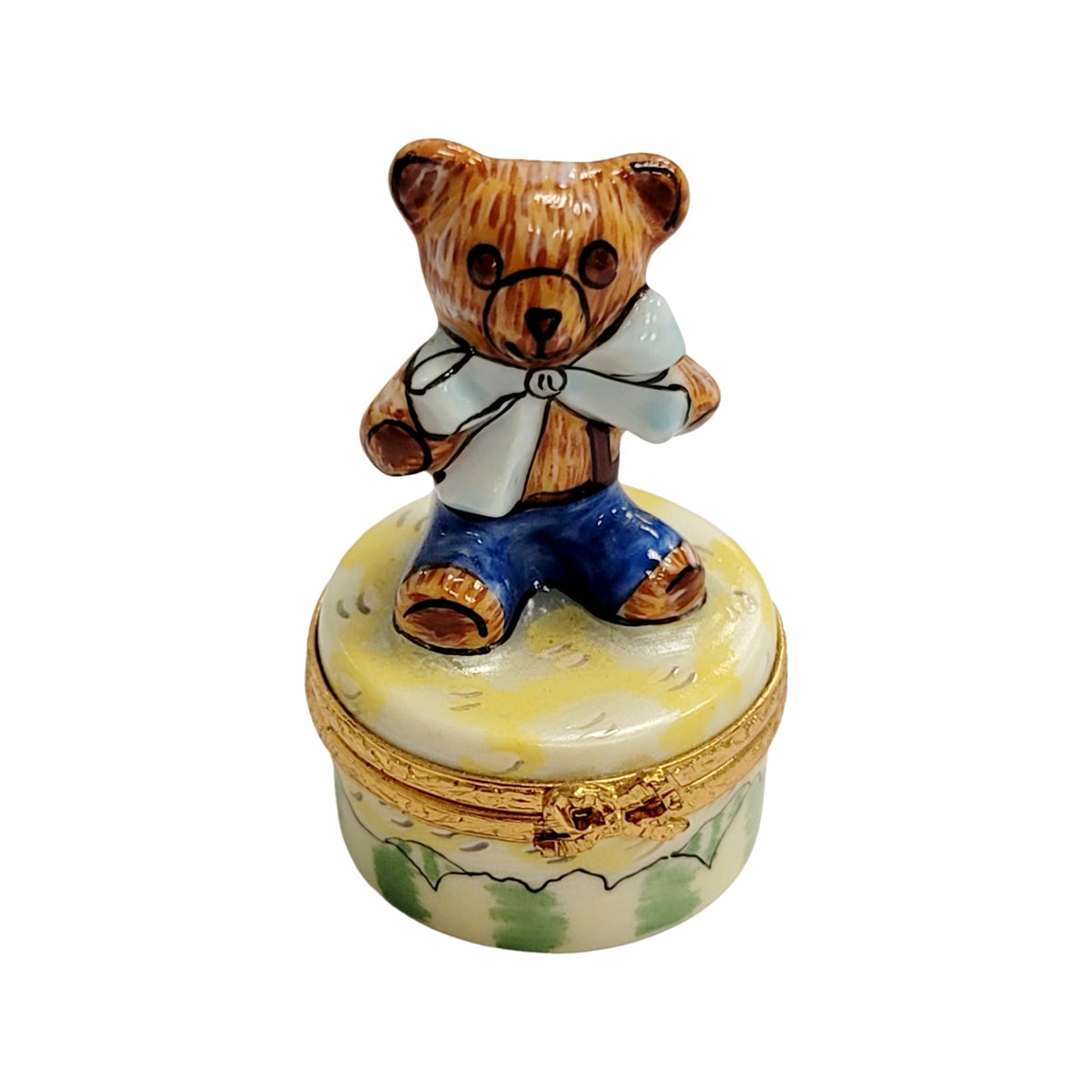 Mini Teddy Bear on Round Treasure Box for Collectors, a hand-painted Limoges porcelain gift