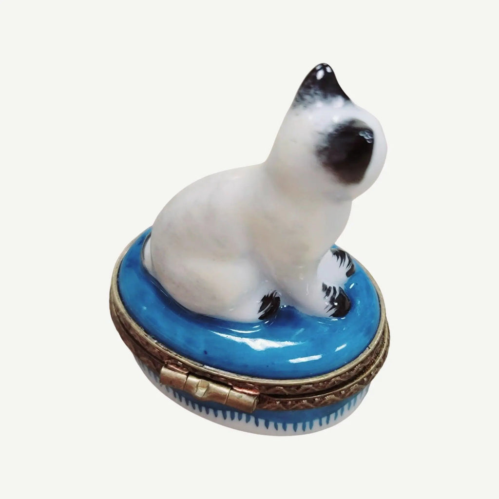 Collectible Mini White Siamese Cat Limoges box with artisan brushwork