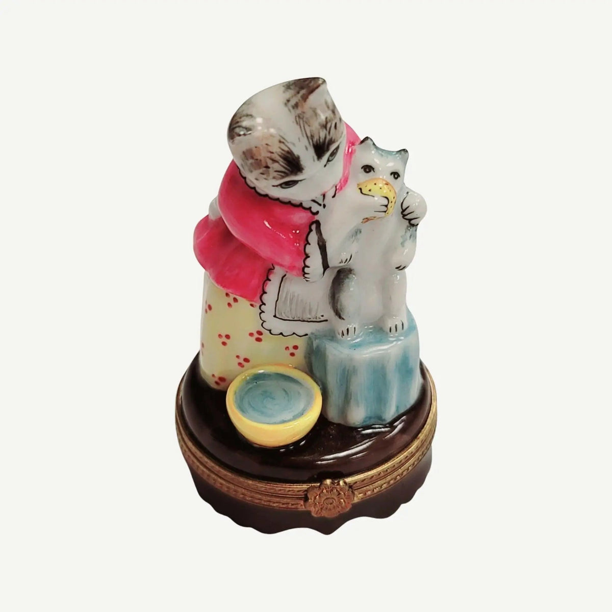 Every brushstroke by hand on the Mother Cat Feeding Baby Limoges box from France