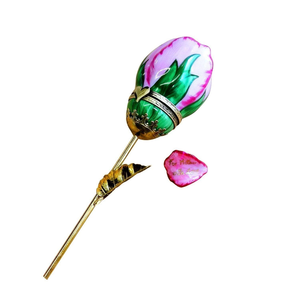 Mother's Day Pink Long Brass Rose Removable Limoges Box, a hand-painted Limoges porcelain gift