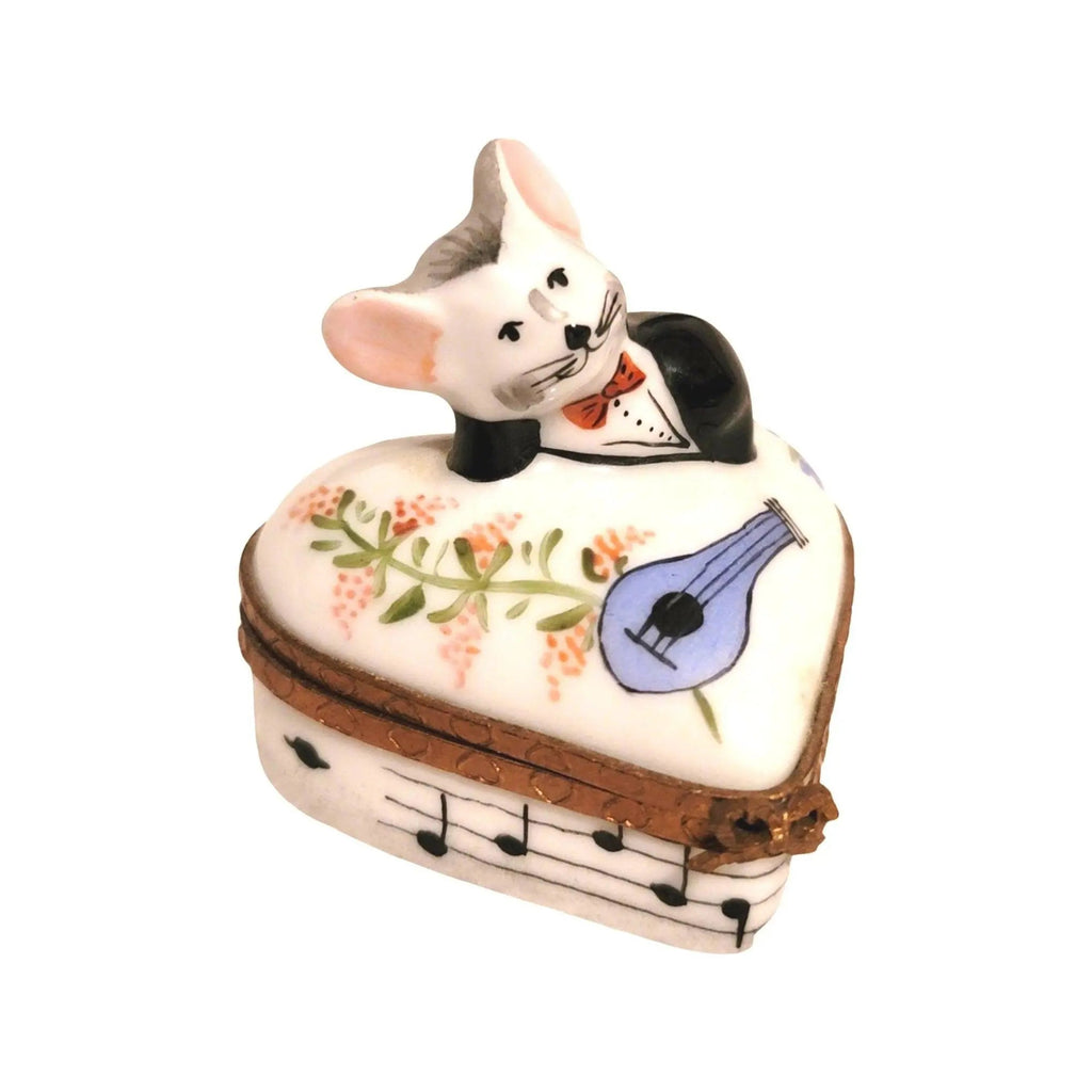 Serenade Musical Love Mouse Dating Heart Limoges Box, a hand-painted Limoges porcelain gift