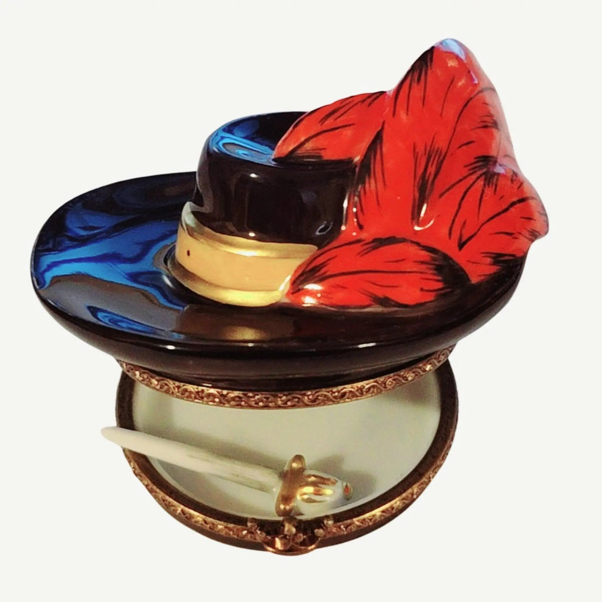 The painter's artistry shows on this Three Muskateers Swordsman Hat Black Feather Limoges box