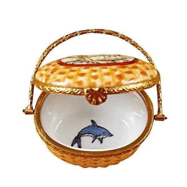 Fine French craftsmanship on the Nantucket Basket with Lighthouse Coastal Limoges box, painted by hand