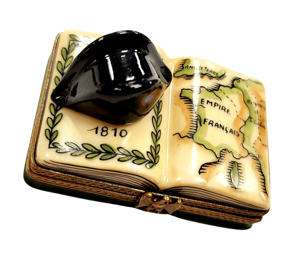 Napolean Military Hat on Book Map Limoges box painted by hand in Limoges, France, a gift to treasure