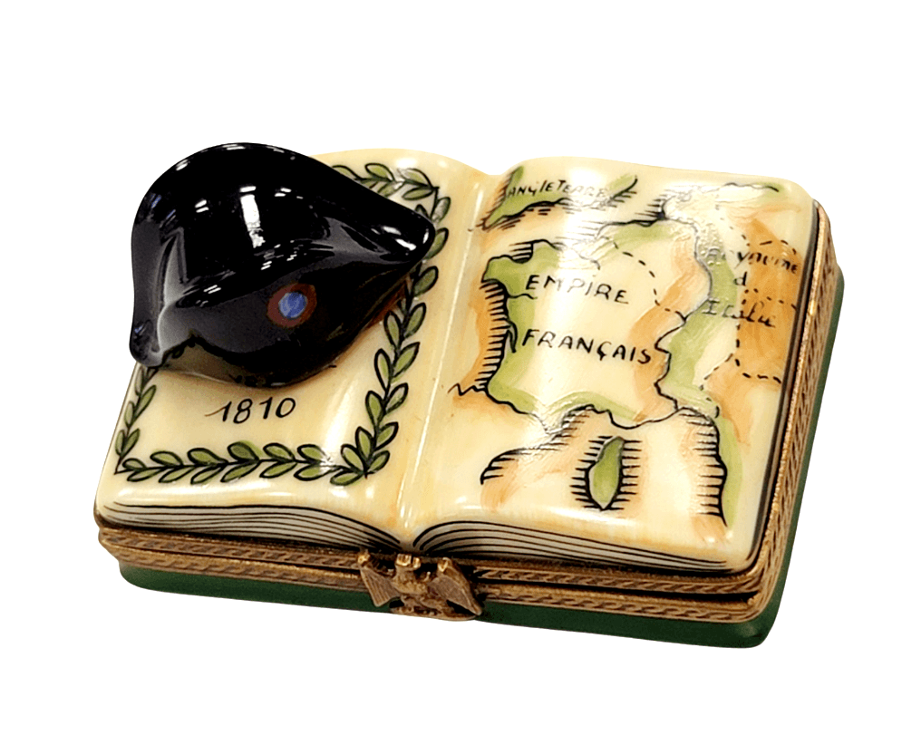 Collectible Napolean Military Hat on Book Map Limoges box with artisan brushwork