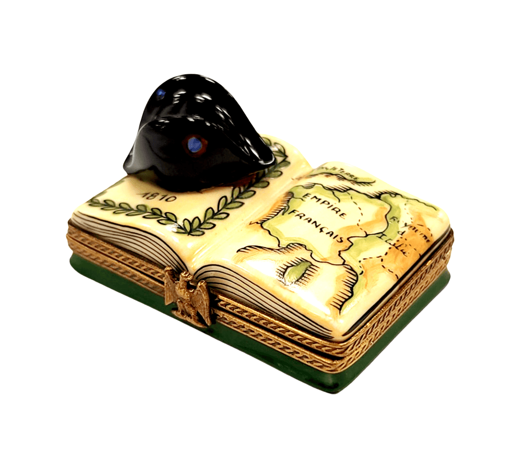 Napolean French Military Hat on Book Map Limoges Box, a hand-painted Limoges porcelain gift