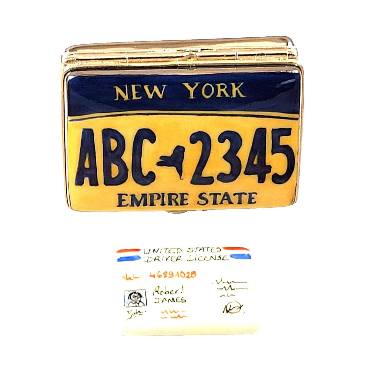 New York License Plate With Drivers License Limoges Box, a hand-painted Limoges porcelain gift