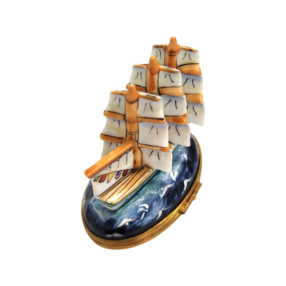 Treasured French collectible: Old Sea Ship Sails Limoges box, painted by hand