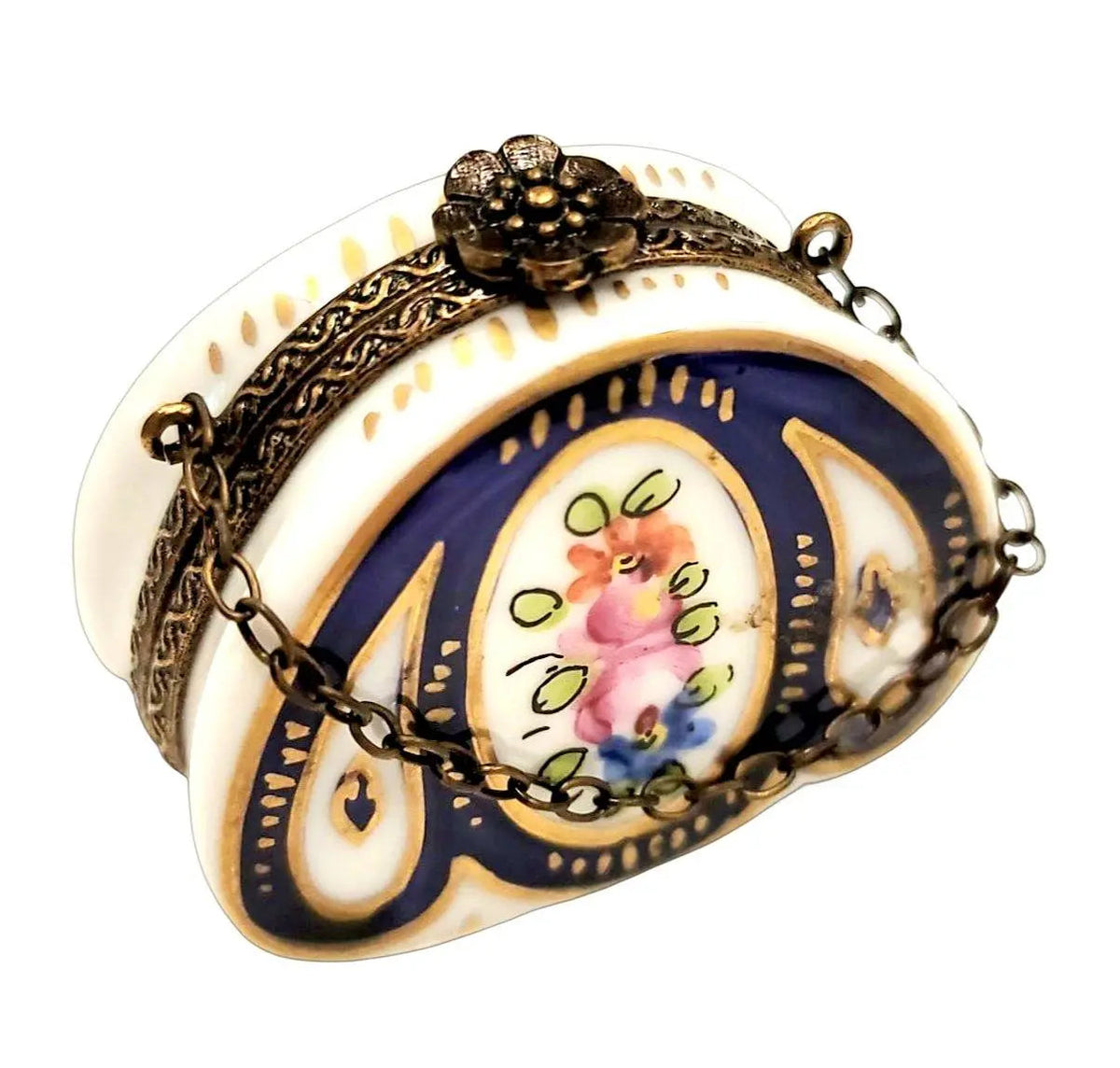 Limoges Boutique presents the Blue with Flowers with Special: Antiqued Brass, a genuine Limoges box painted by hand in France