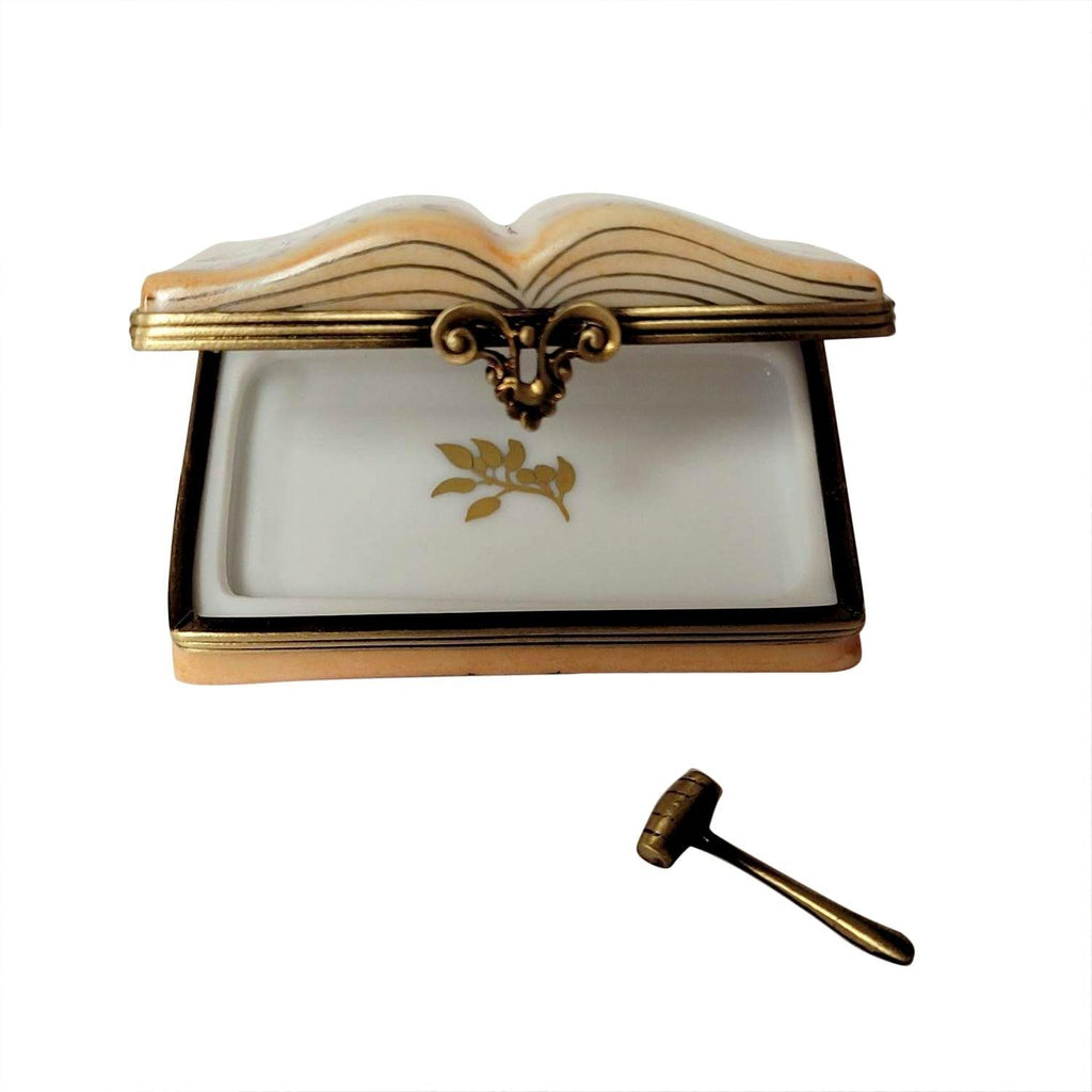 Open Law Book with Removable Brass Gavel Limoges box opened to show the inside, a keepsake to tuck a treasure in