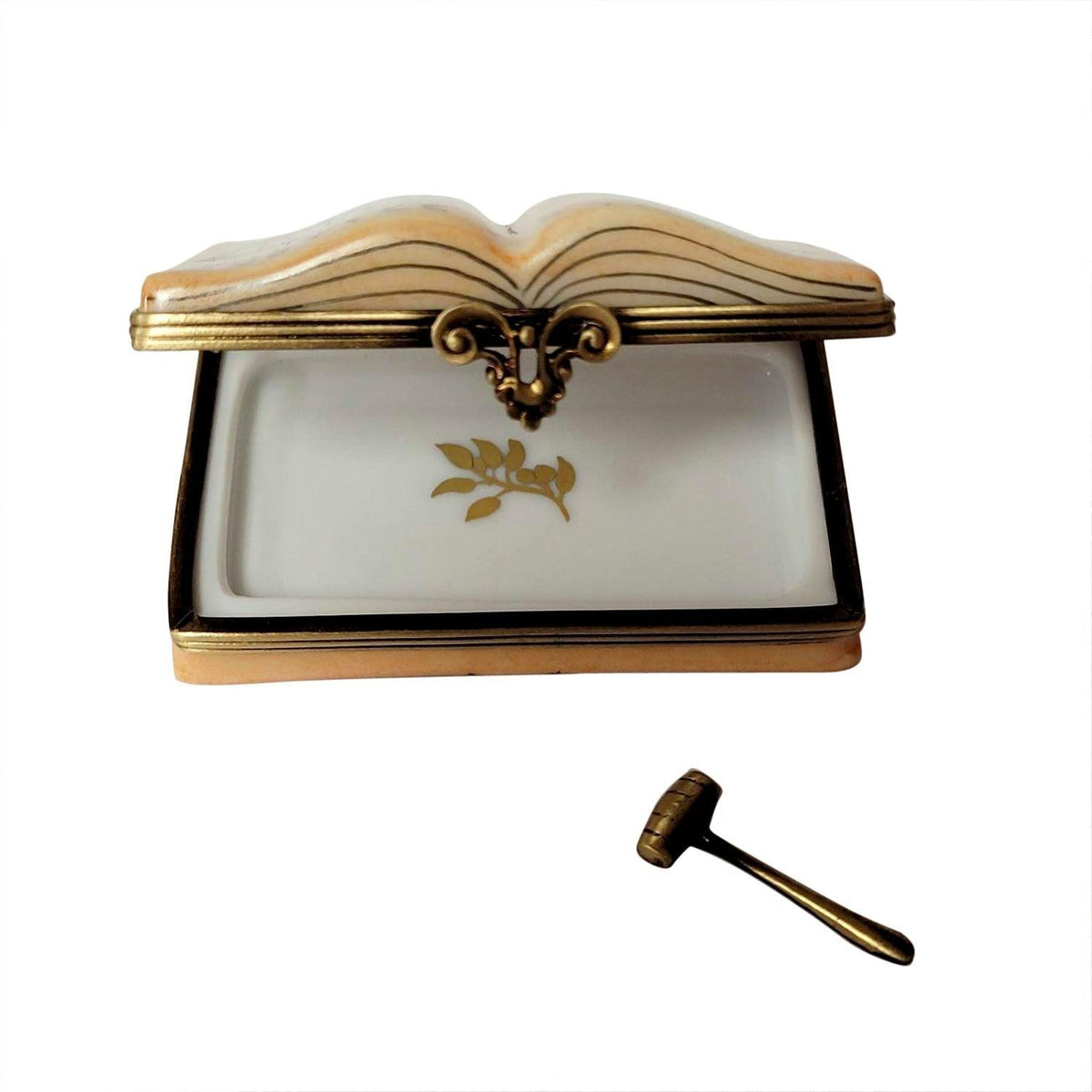 Open Law Book with Removable Brass Gavel Limoges box opened to show the inside, a keepsake to tuck a treasure in