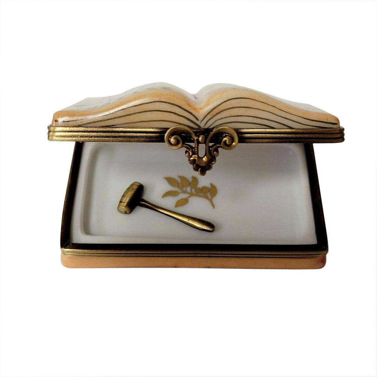 Looking inside the Open Law Book with Removable Brass Gavel Limoges box, with its hinged lid open