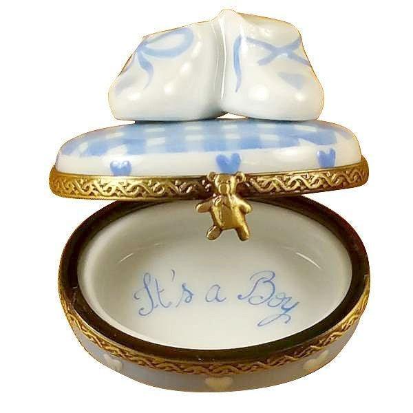 Painted details on the Oval It's a Boy with Shoes Limoges box, French art in miniature