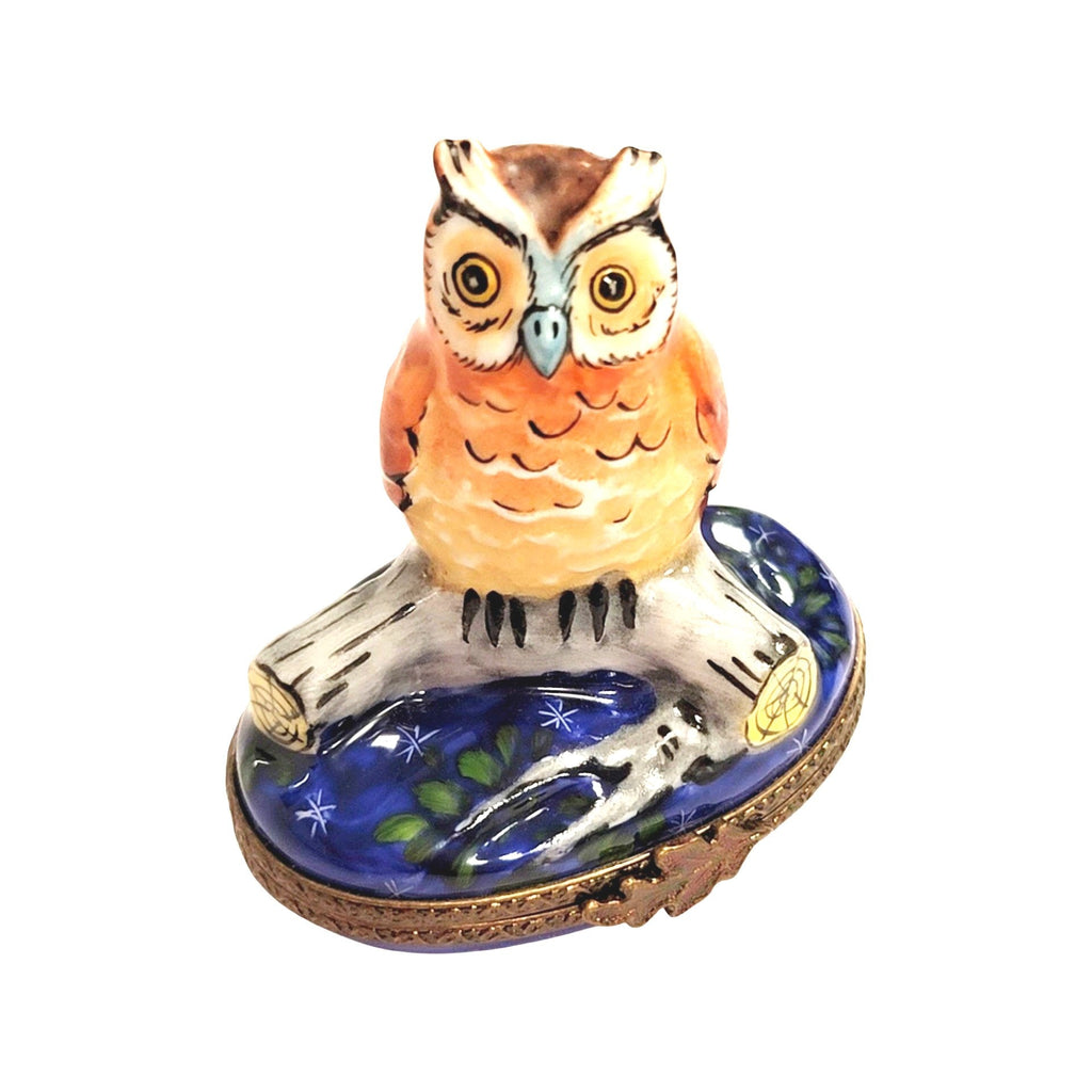 Owl on Log Limoges Box for Collectors, a hand-painted Limoges porcelain gift