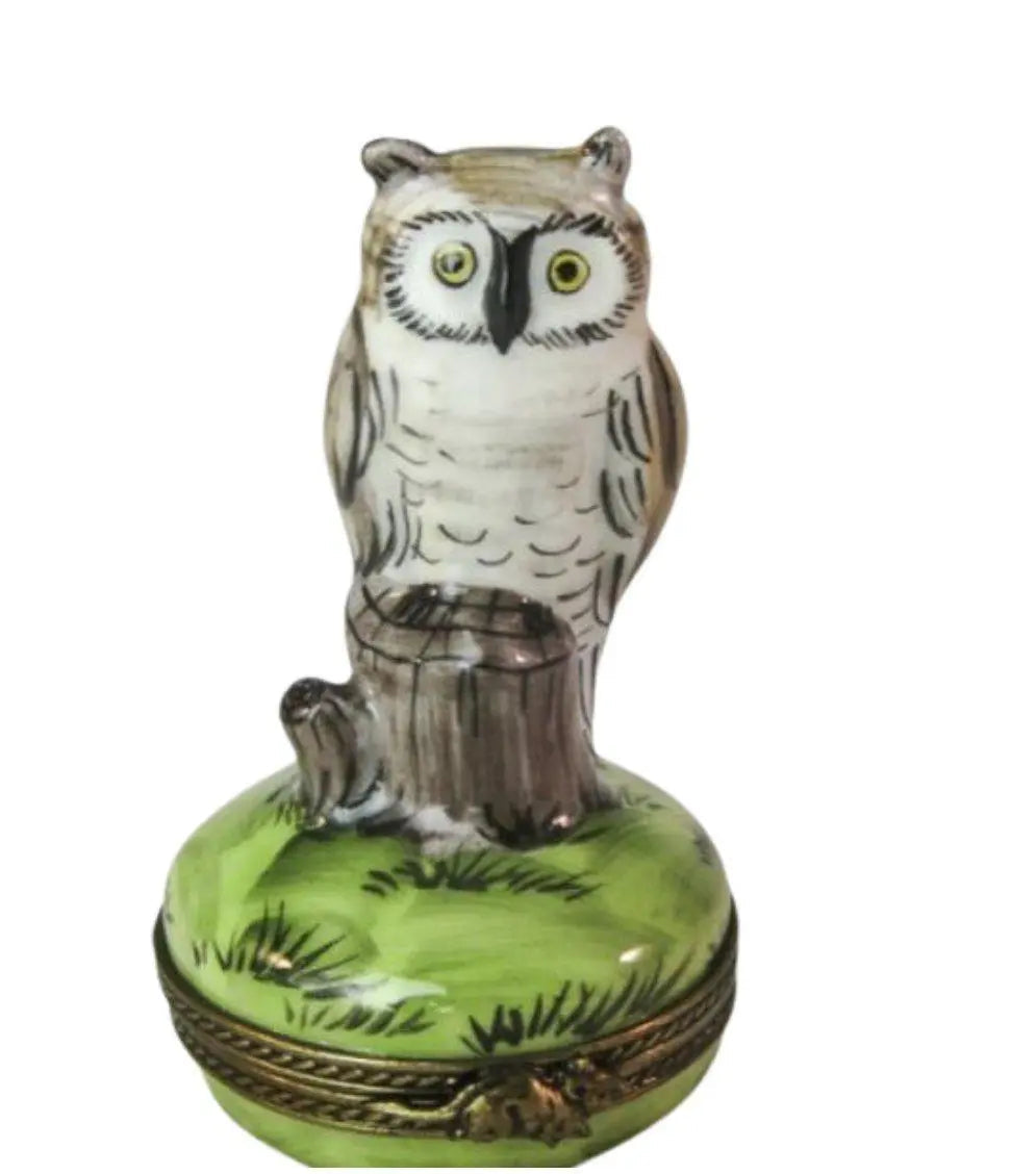 Limoges Boutique presents the Owls on Stump, a genuine Limoges box painted by hand in France
