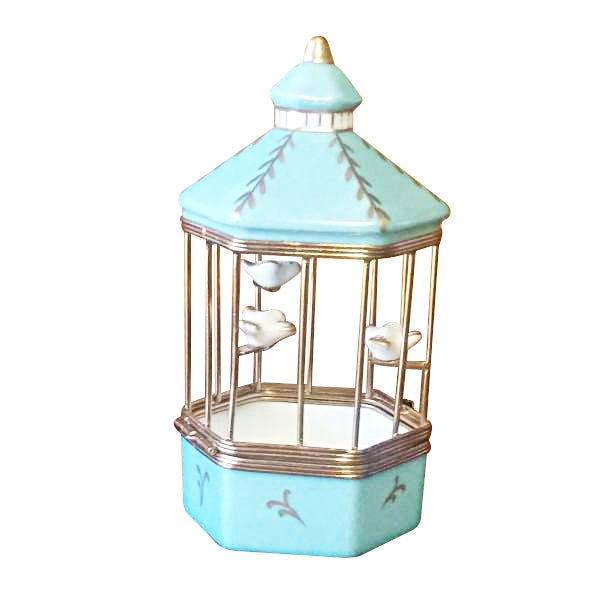 Pastel Blue Bird Cage with 3 Gold Birds Limoges Box, view 3